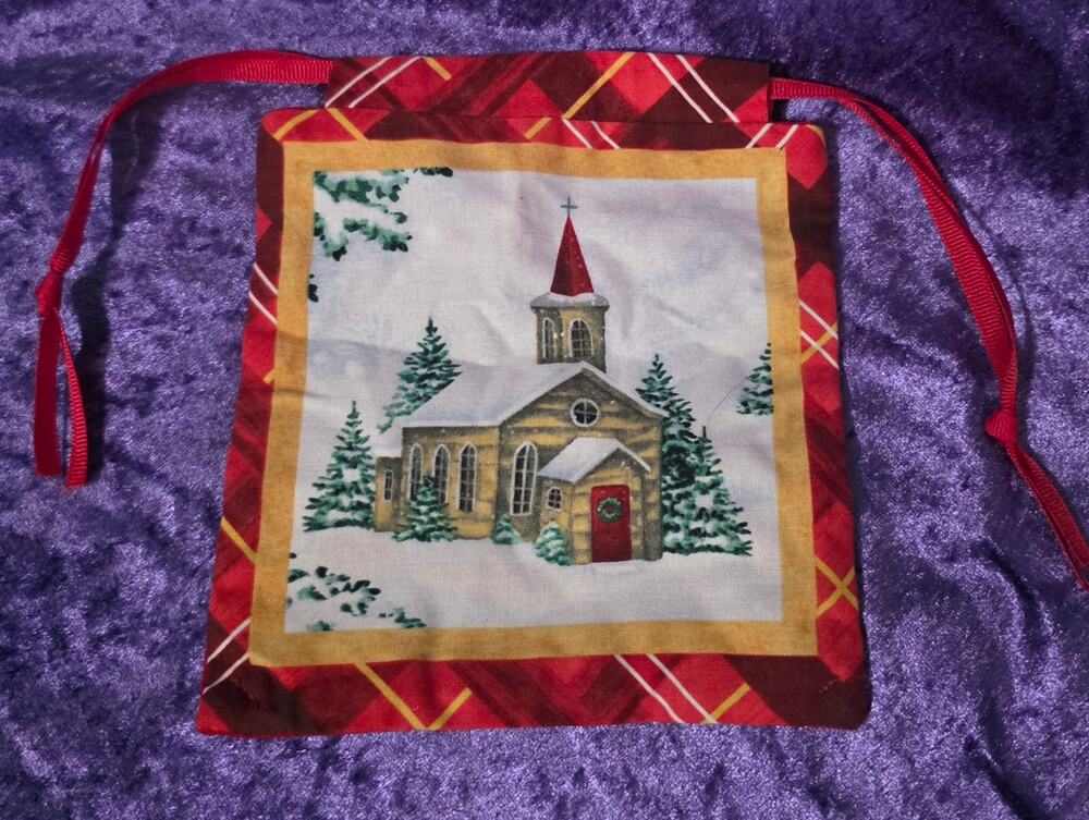 Vintage Church gift bag 6.5 x 6 draw string handmade
